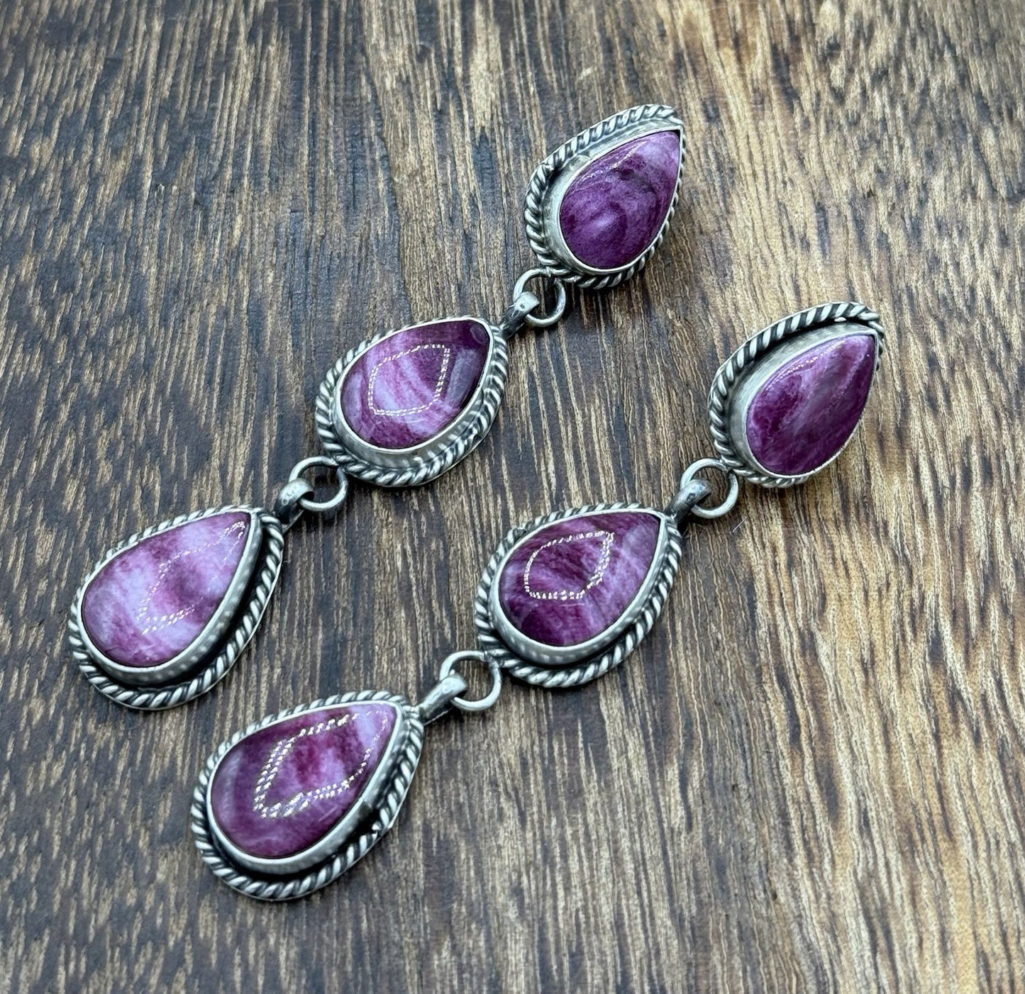Native Navajo Handmade Sterling Silver Purple Spiny Oyster Post Dangle Earrings