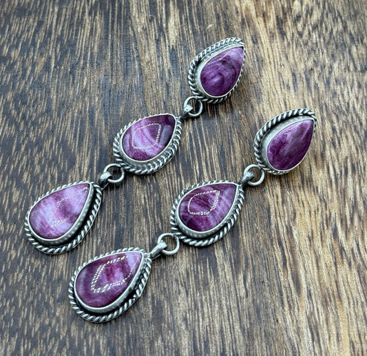 Native Navajo Handmade Sterling Silver Purple Spiny Oyster Post Dangle Earrings