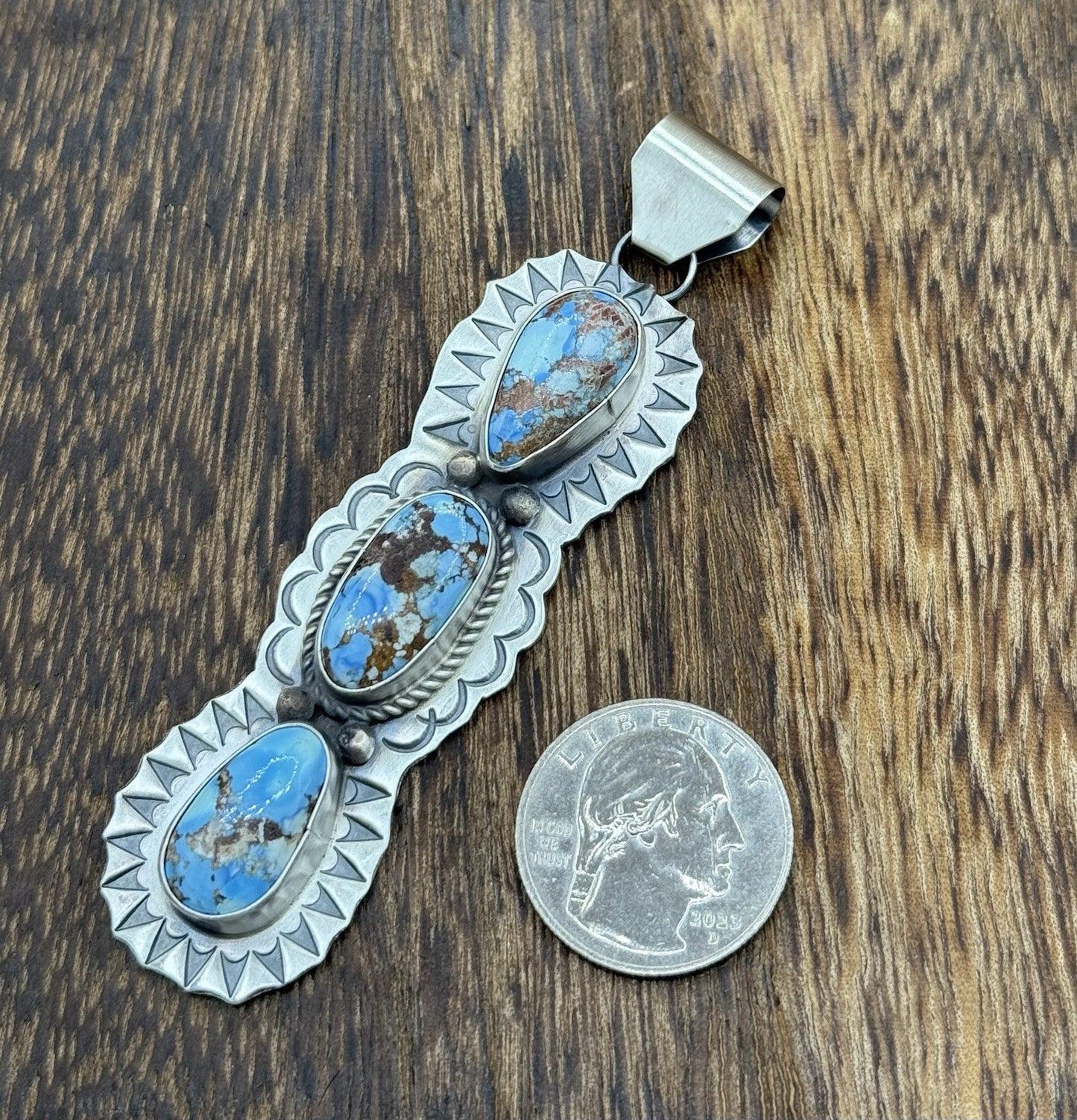 Navajo Handmade Sterling Silver Golden Hills Turquoise Stamped Drop Pendant