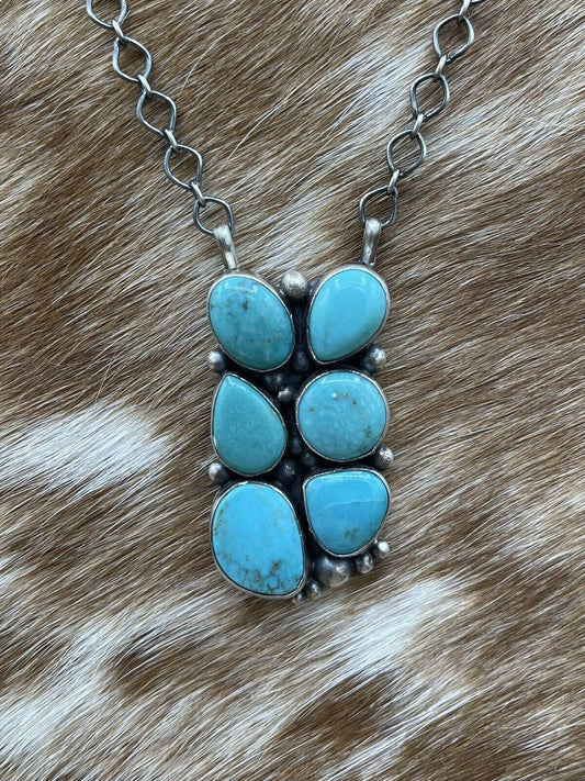 Native American Navajo Handmade Silver Turquoise Cluster Bar Necklace 18 Inch