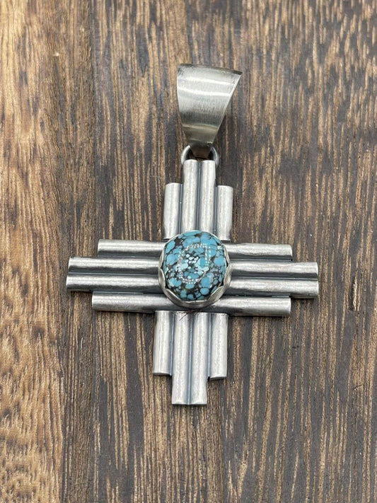 Native American Sterling Silver Navajo Handmade Kingman Turquoise Zia Pendant