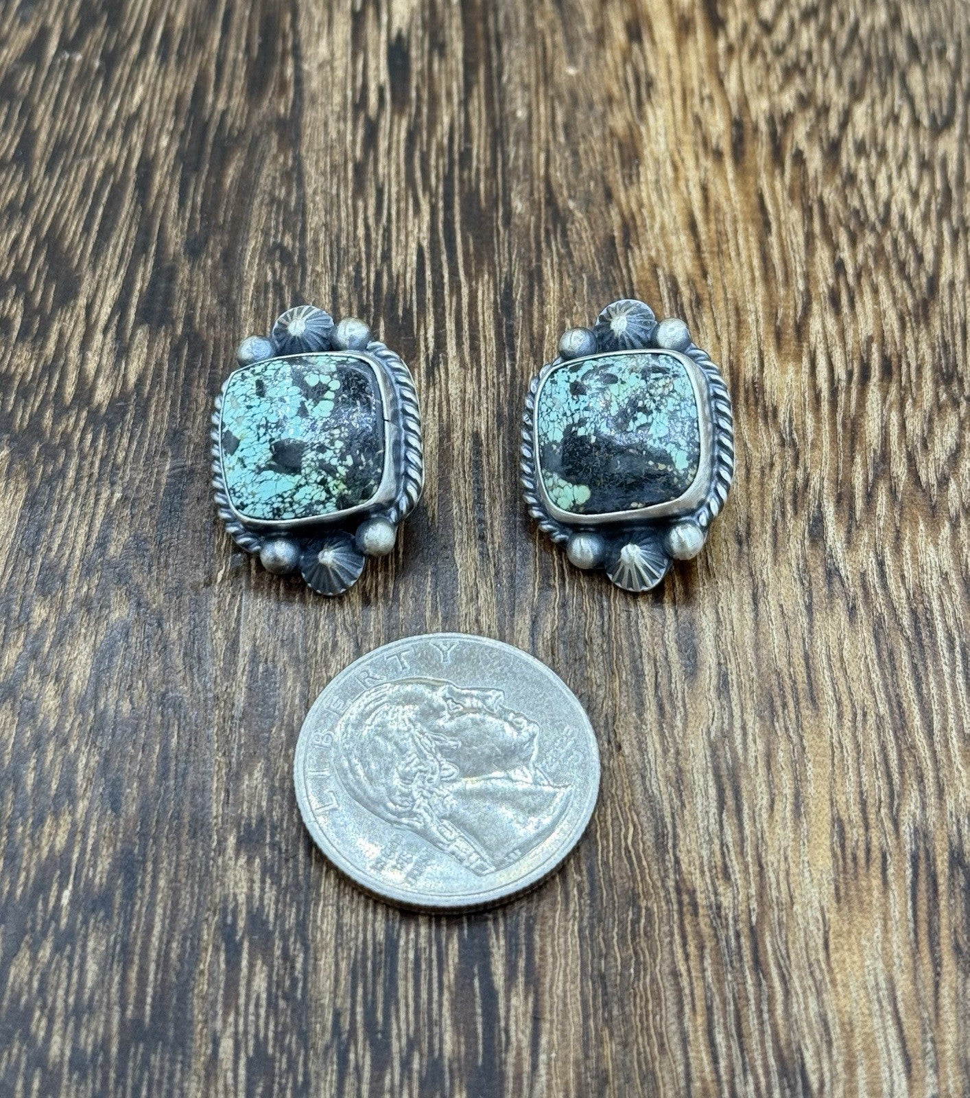 Navajo Handmade Sterling Silver Blackjack Turquoise Old Look Post Stud Earrings