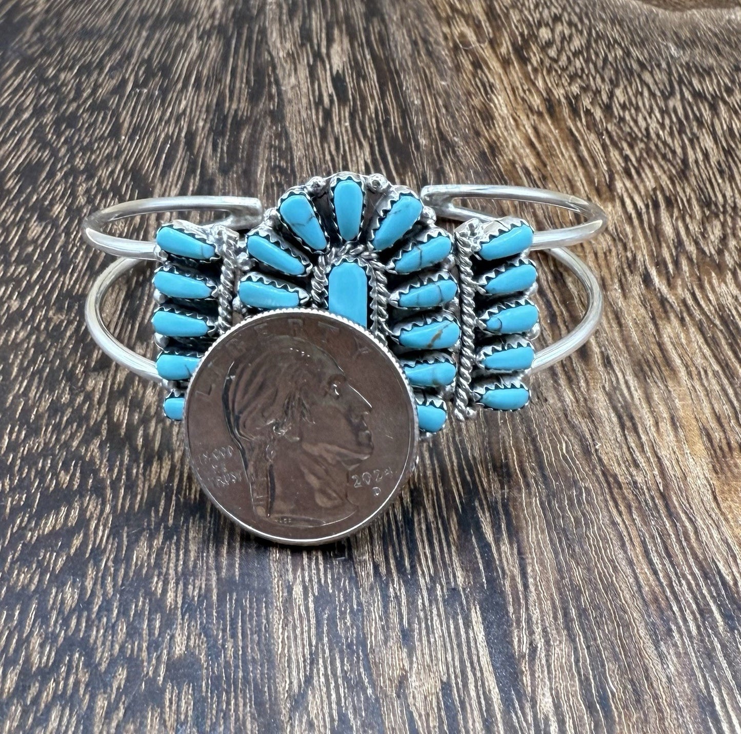 Navajo Handmade Sterling Silver Turquoise Traditional Cluster Cuff Bracelet
