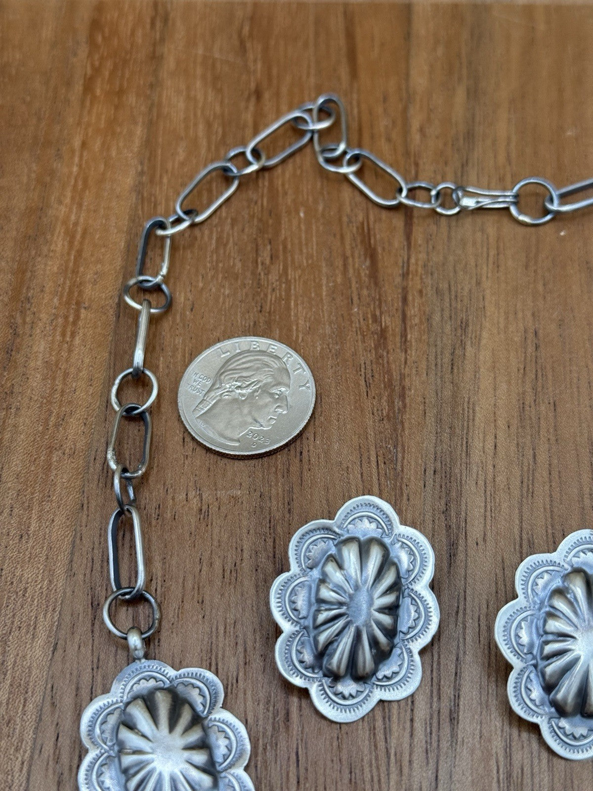 Navajo Handmade Sterling Silver Stamped Concho Old Look Lariat Necklace Set 24”