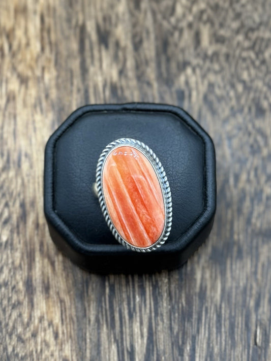 Navajo Handmade Sterling Silver Orange Spiny Oyster Adjustable Ring Size 7 - 10