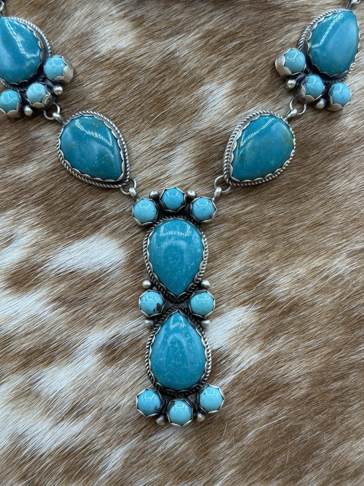 Native Navajo Handmade Sterling Silver Kingman Turquoise Lariat Necklace Set 24”