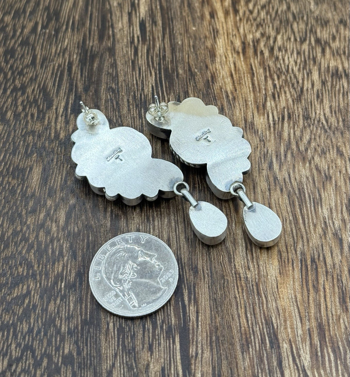 Navajo Handmade Sterling Silver Kingman Turquoise Half Cluster Drop Earrings