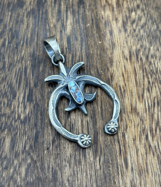 Navajo Handmade Sterling Silver Old Look Golden Hills Turquoise Naja Pendant