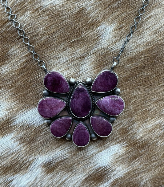 Navajo Handmade Sterling Silver Purple Spiny Oyster Cluster Bar Necklace 18”