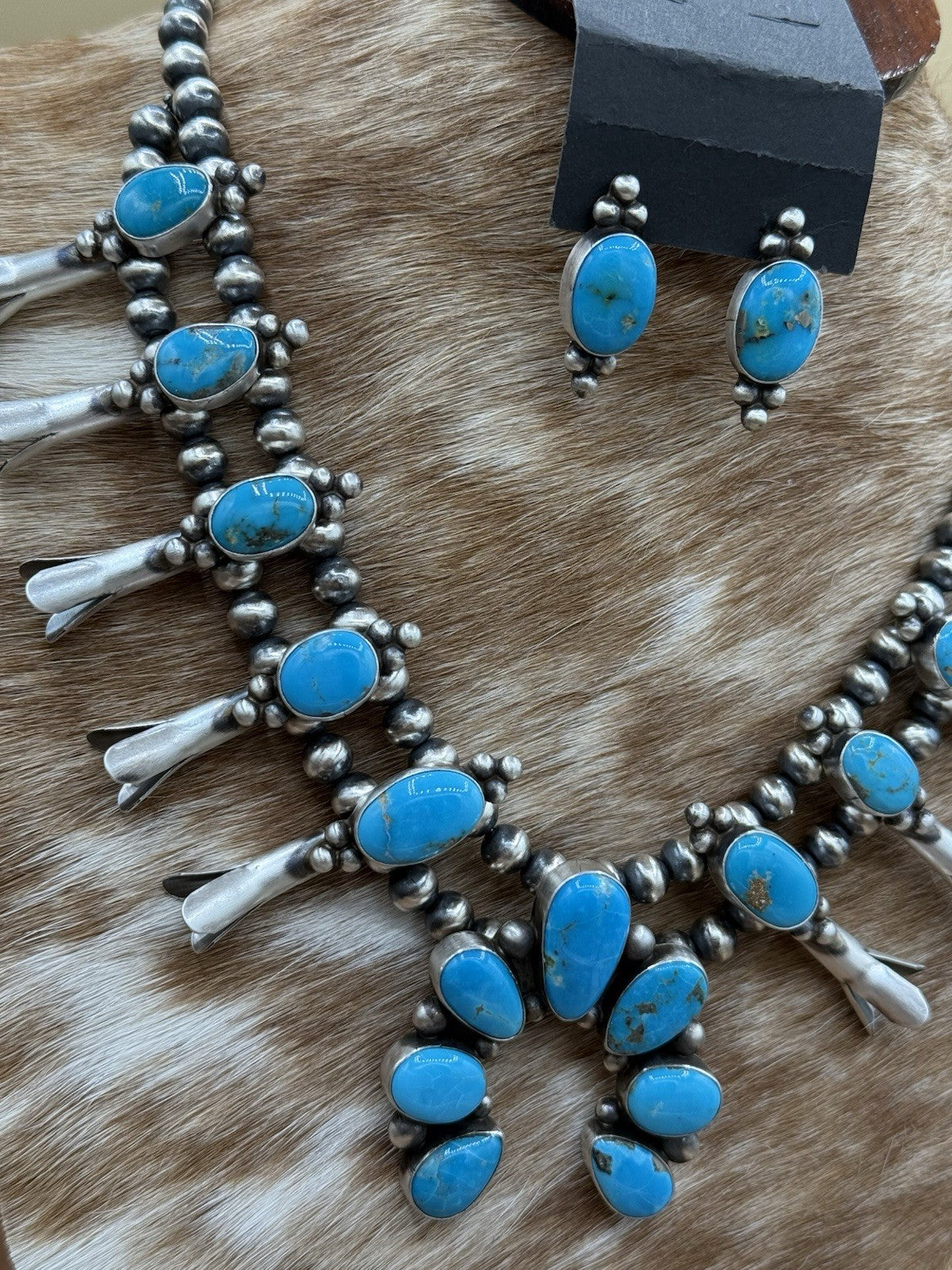 Navajo Handmade Sterling Silver Kingman Turquoise Squash Blossom Necklace 20”