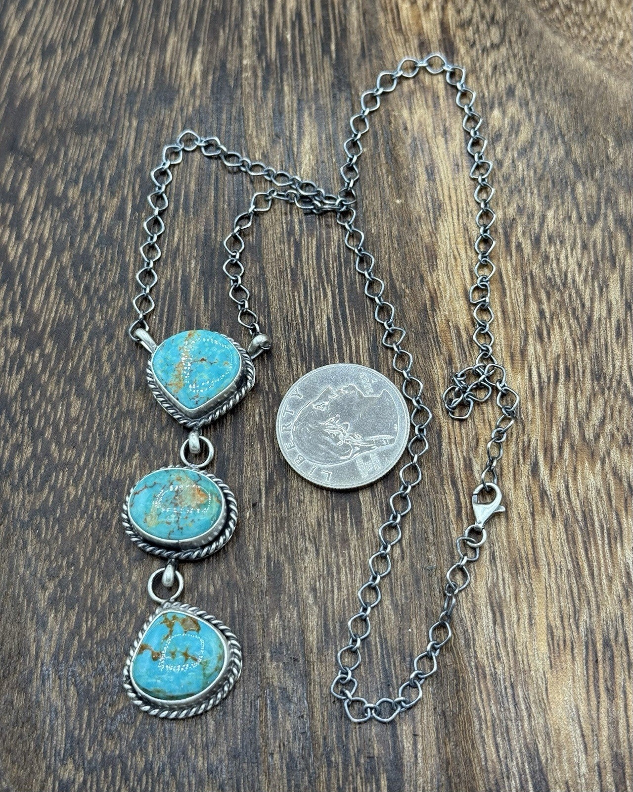 Native Navajo Handmade Sterling Silver Kingman Turquoise Lariat Necklace 18”