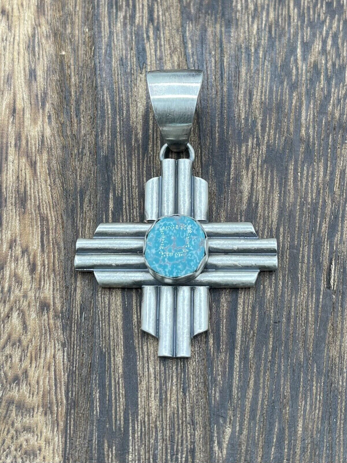 Native American Sterling Silver Navajo Handmade Kingman Turquoise Zia Pendant