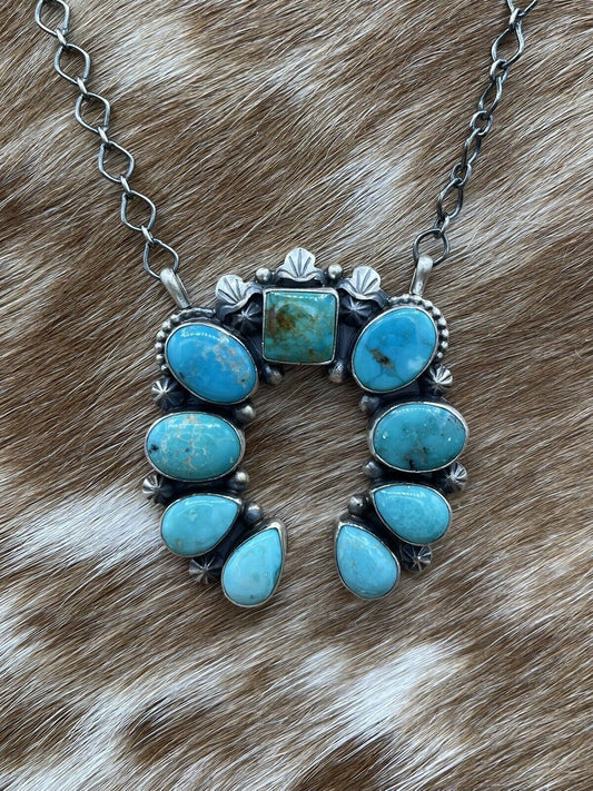 Native American Navajo Handmade Sterling Silver Turquoise  Naja Necklace 18 Inch