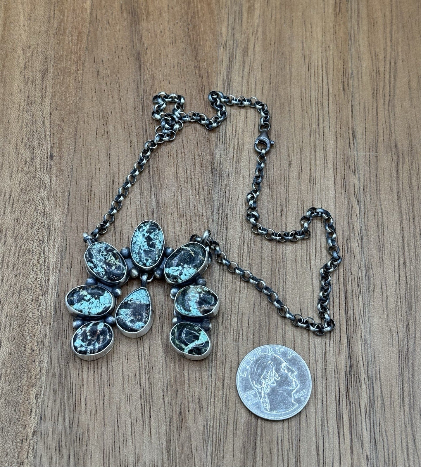 Navajo Handmade Sterling Silver Blackjack Turquoise Cluster Naja Necklace 18”
