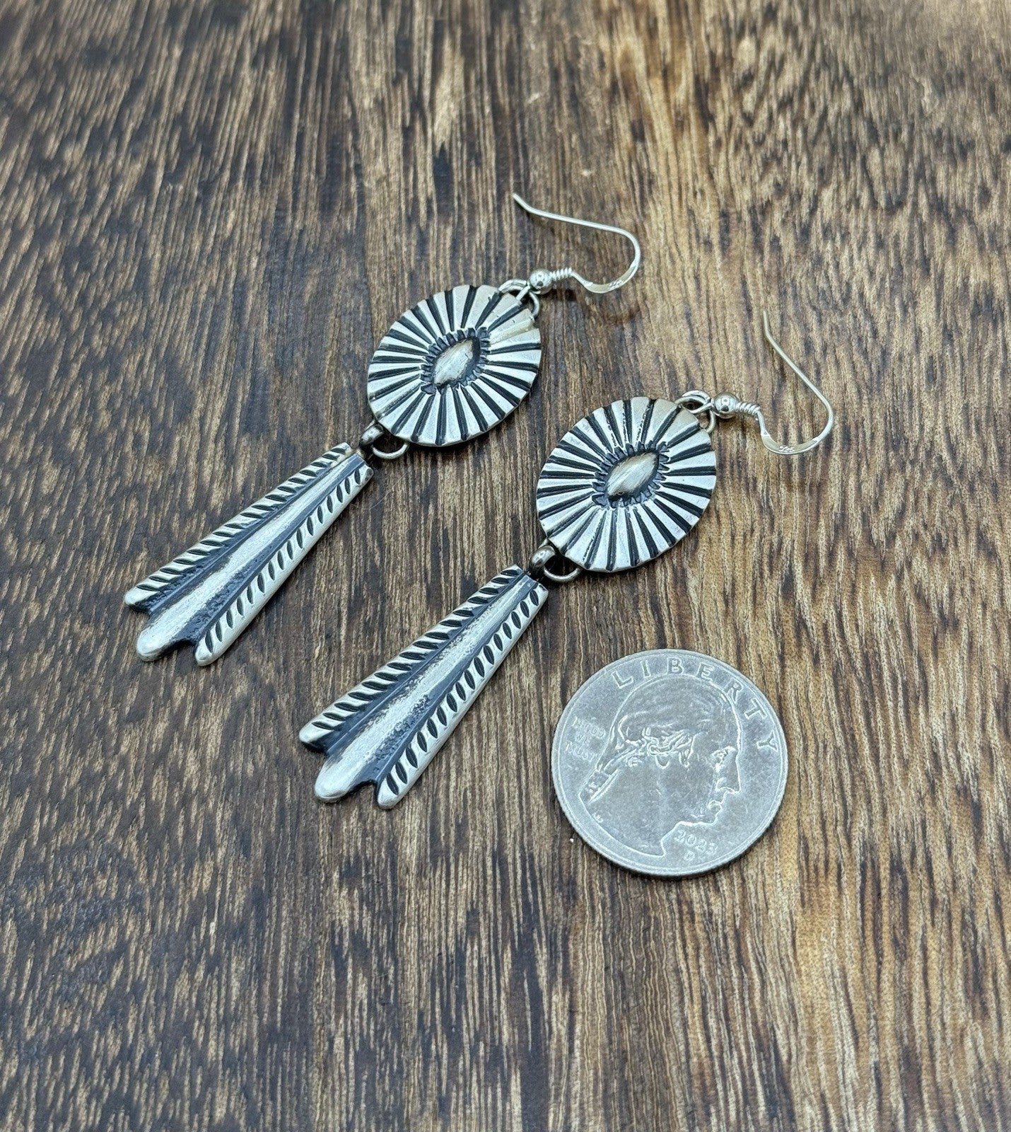 Navajo Handmade Sterling Silver Old Look Stamped Concho Design Dangle Earrings