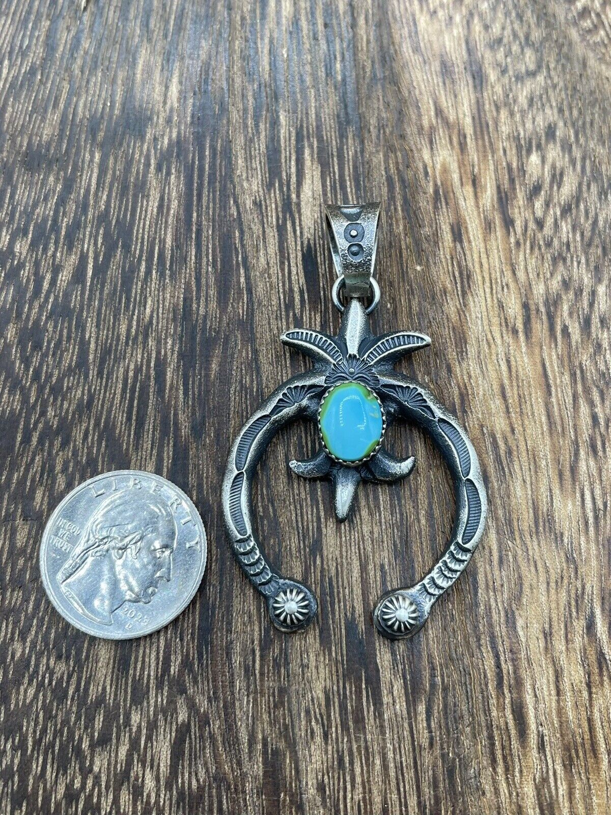 Native American Indian  Navajo Handmade Silver Old Look Turquoise Naja Pendant