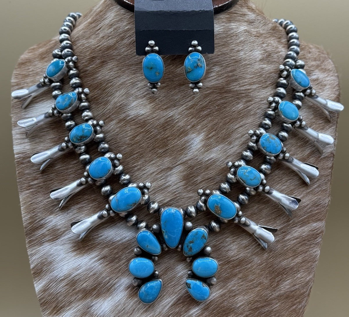 Navajo Handmade Sterling Silver Kingman Turquoise Squash Blossom Necklace 20”