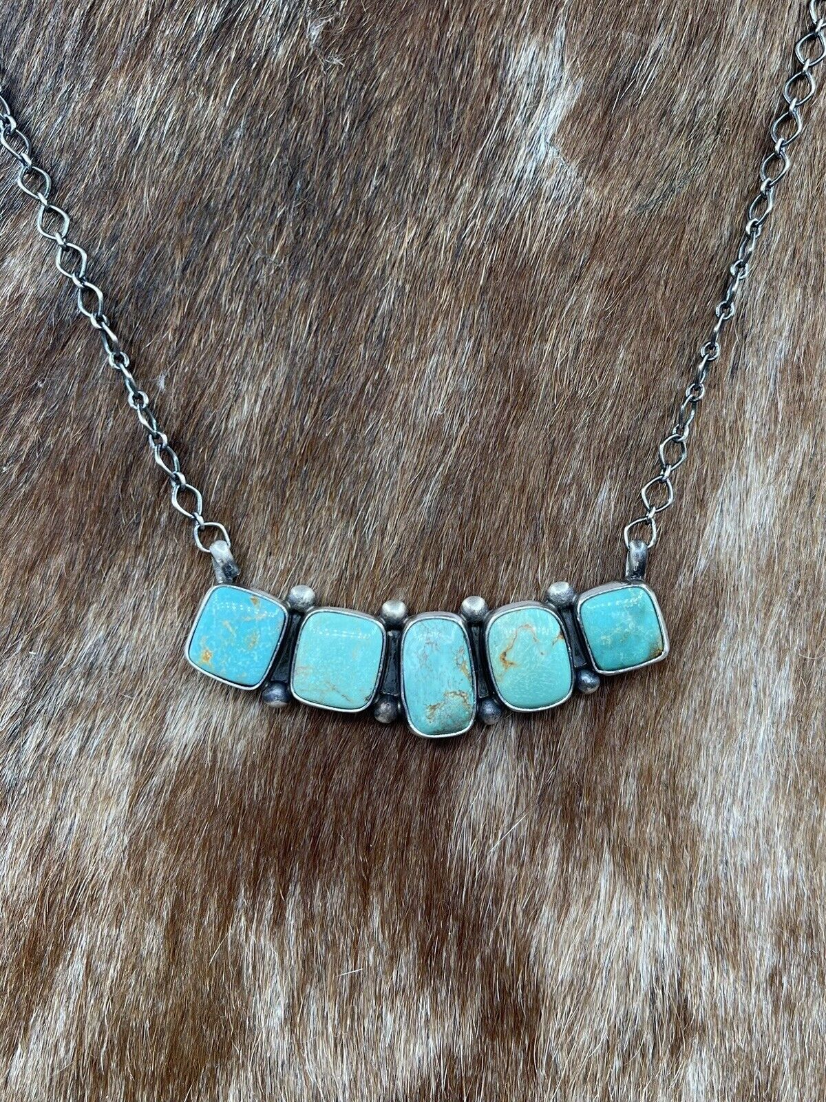 Native American Navajo Handmade Sterling Silver Kingman Turquoise Bar Necklace