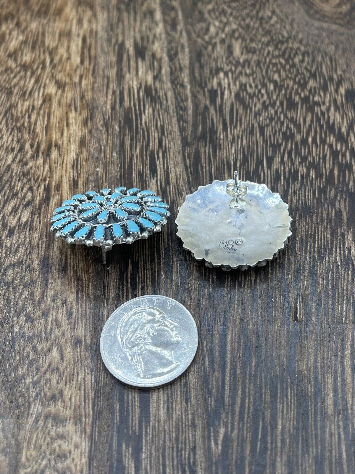 Native American Navajo Handmade Sterling Silver Turquoise Cluster Post earrings