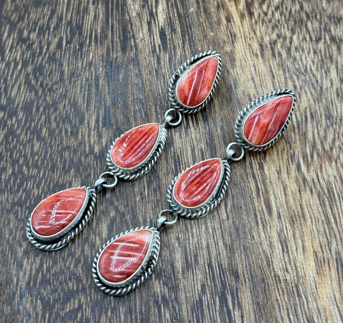 Native Navajo Handmade Sterling Silver Red Spiny Oyster Post Dangle Earrings