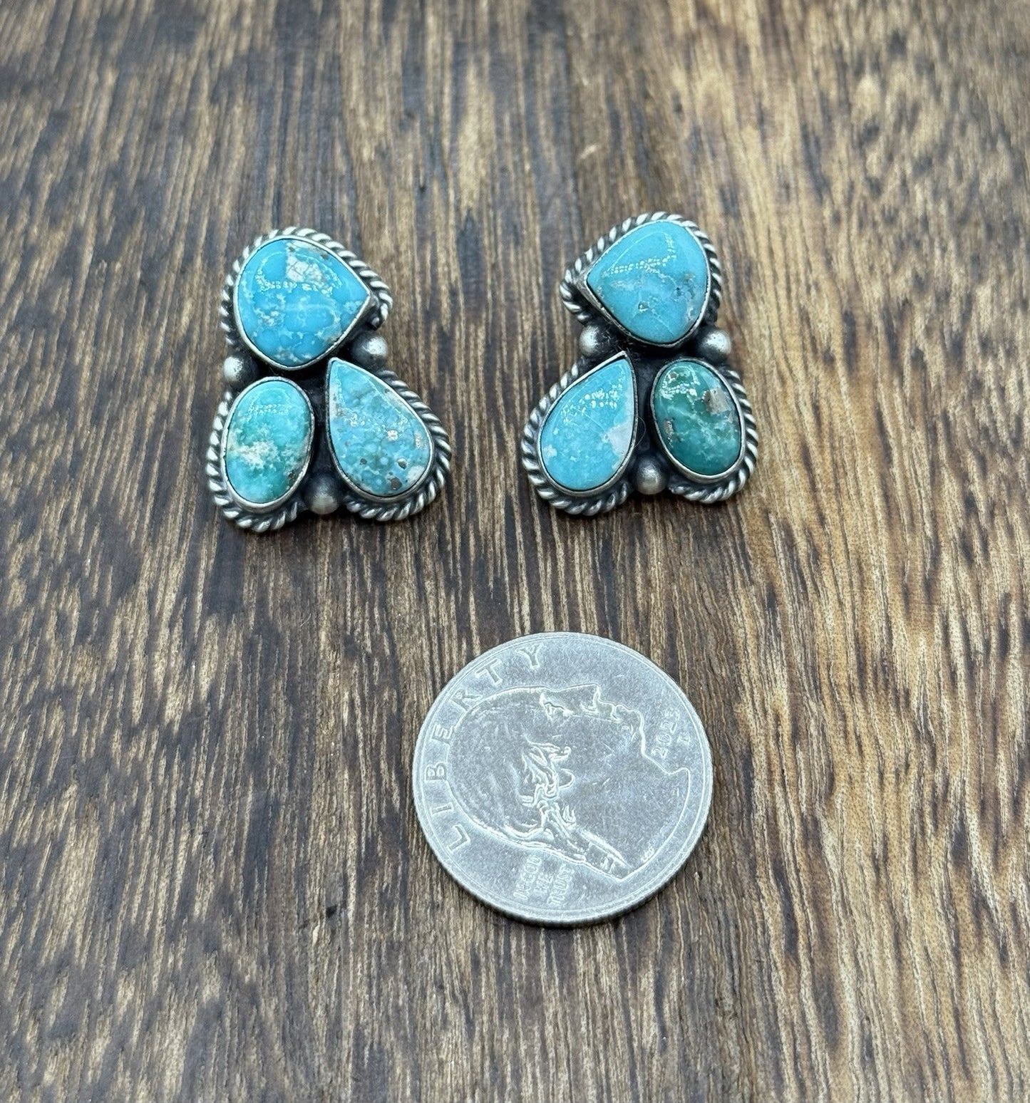 Navajo Handmade Sterling Silver Blue Bird Turquoise Post Cluster Earrings