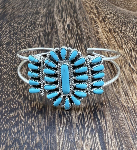 Navajo Handmade Sterling Silver Turquoise Traditional Cluster Cuff Bracelet