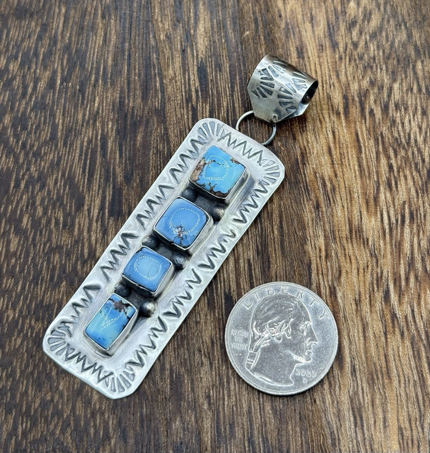 Navajo Handmade Sterling Silver Golden Hills Turquoise Stamped Drop Pendant