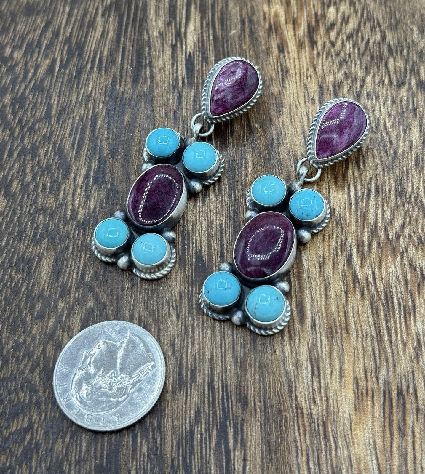 Navajo Handmade Sterling Silver Turquoise & Spiny Oyster Post Dangle Earrings