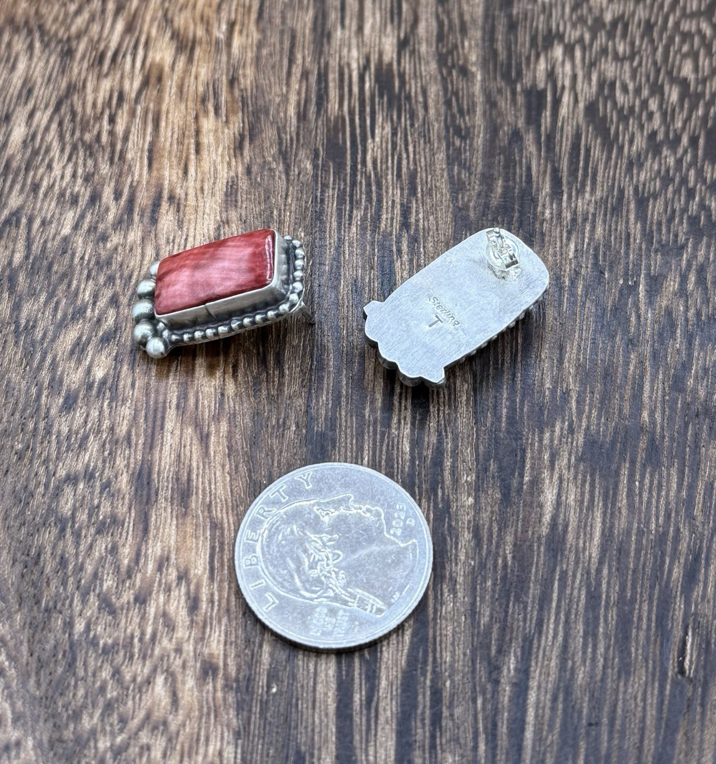 Native Navajo Handmade Sterling Silver Red Spiny Oyster Shell Post Stud Earrings