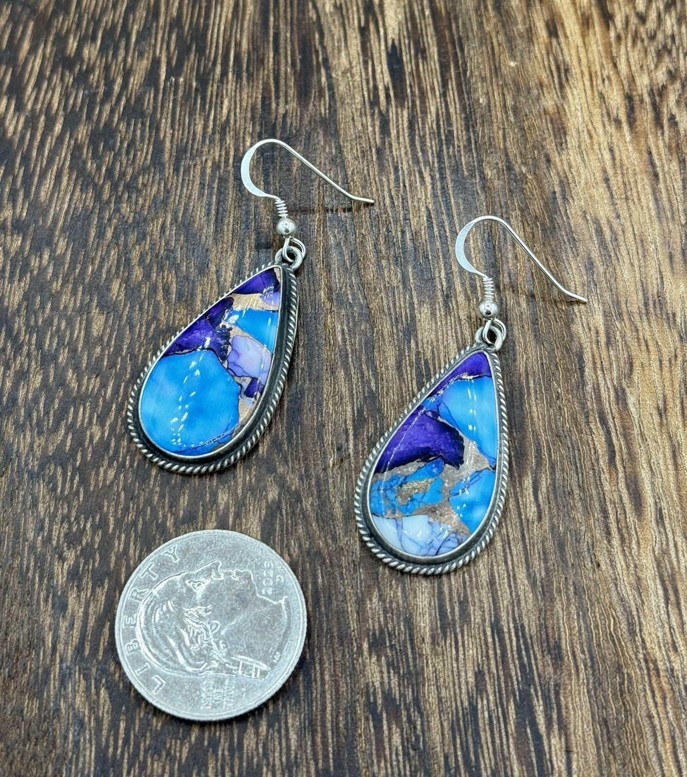 Navajo Handmade Sterling Silver Violet Rose & Blue Dahlia Dangle Drop Earrings