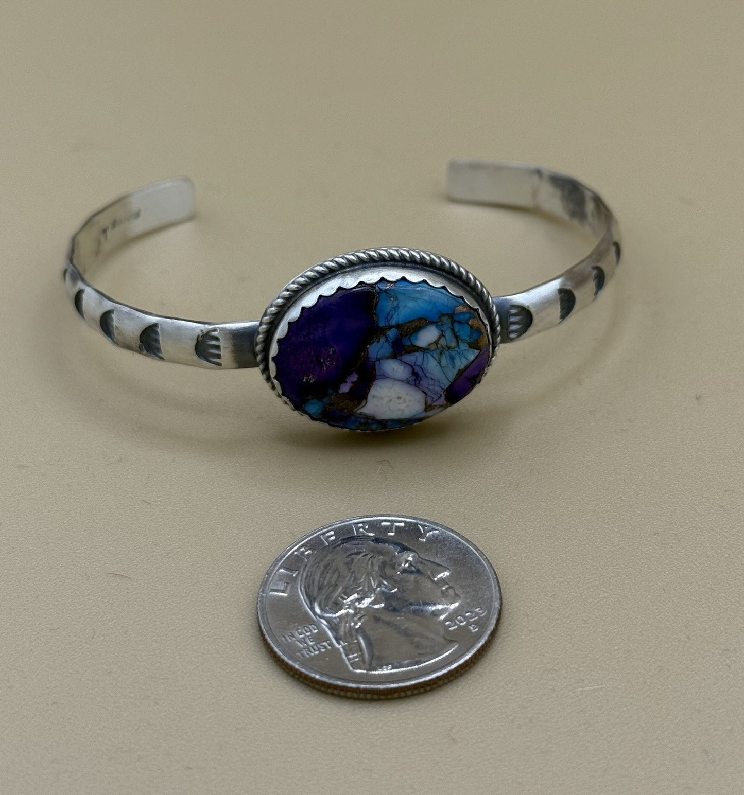 Navajo Handmade Sterling Silver Violet Rose Dahlia Stamped Stacker Cuff Bracelet