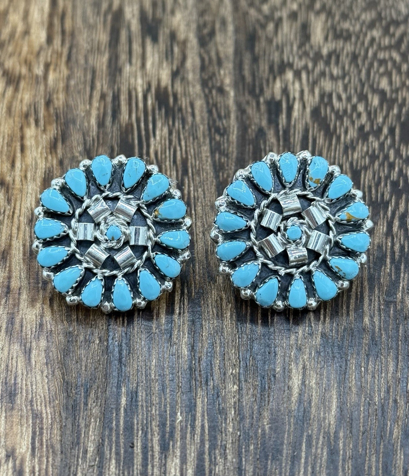 Native American Navajo Handmade Sterling Silver Turquoise Cluster Post earrings