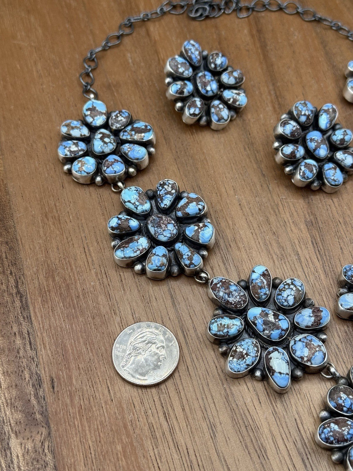 Native Navajo Handmade Silver Golden Hills Turquoise Cluster Lariat Necklace 24”