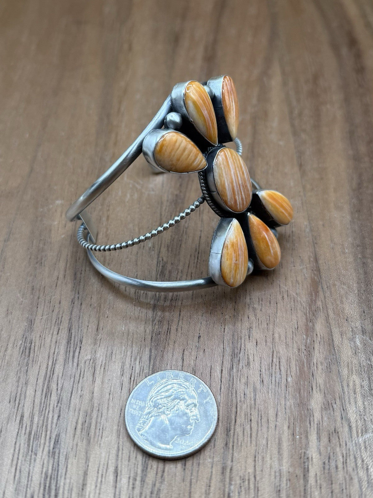 Navajo Handmade Sterling Silver Orange Spiny Oyster Cluster Cuff Bracelet