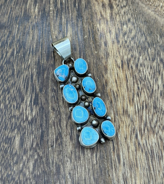 Native Navajo Handmade Sterling Silver Blue Ridge Turquoise Cluster Drop Pendant