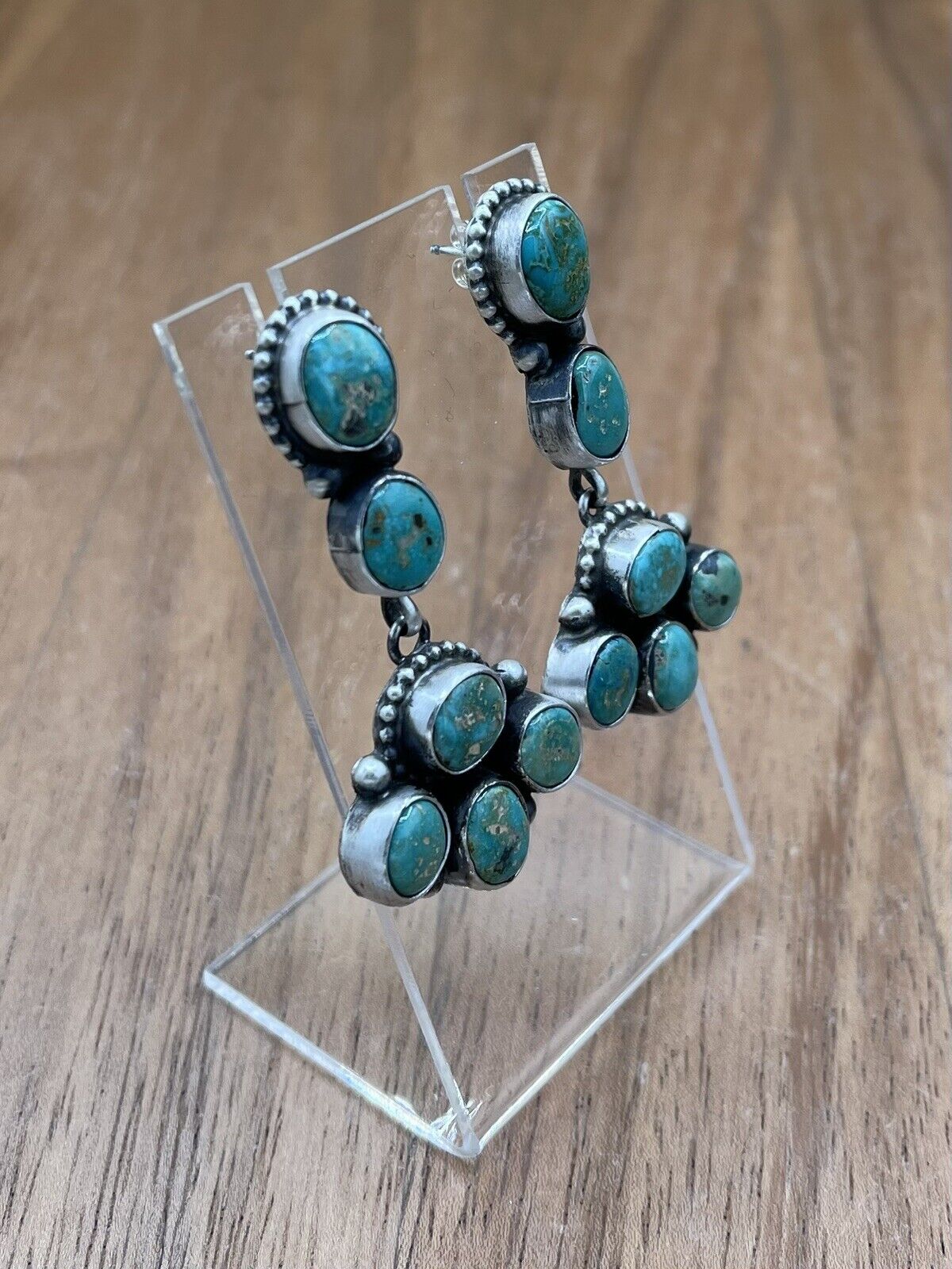 Native American Navajo Handmade Silver Kingman Turquoise Dangle Cluster Earrings