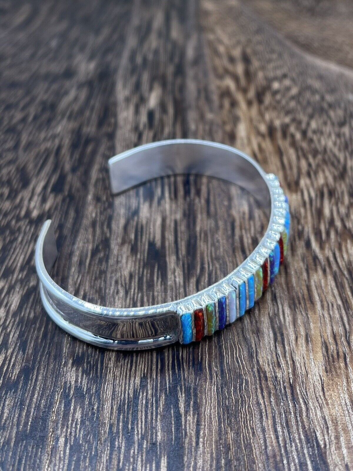 Native American Zuni Handmade Sterling Silver Multi Opal Stacker Cuff Bracelet