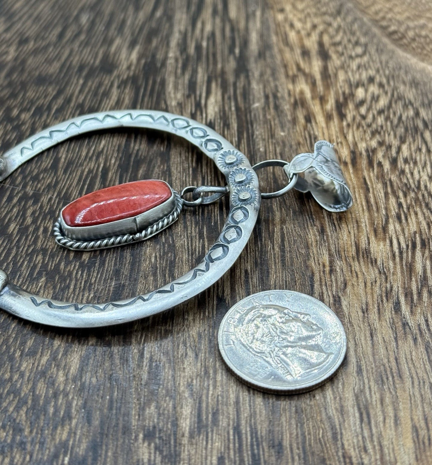 Navajo Handmade Sterling Silver Stamped Red Spiny Oyster Shell Naja Pendant