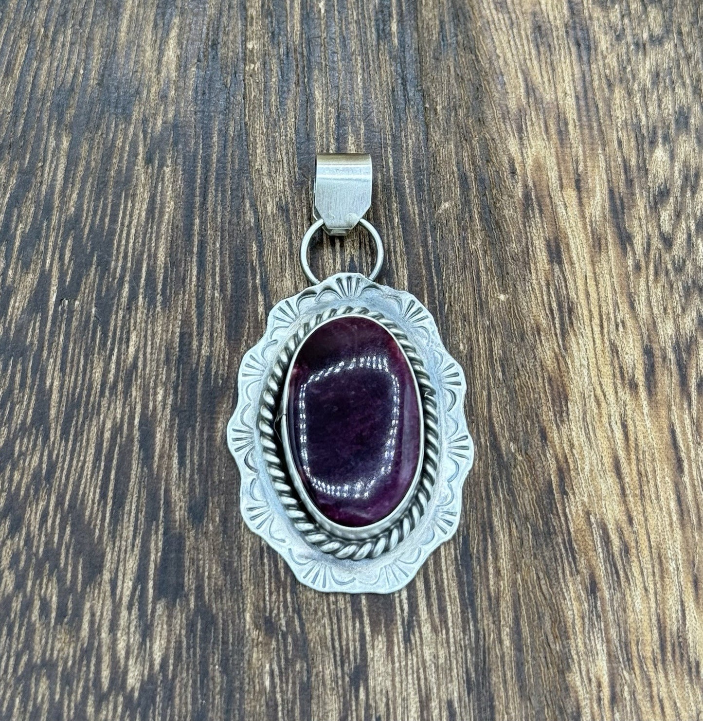 Navajo Handmade Sterling Silver Purple Spiny Oyster Shell Stamped Drop Pendant