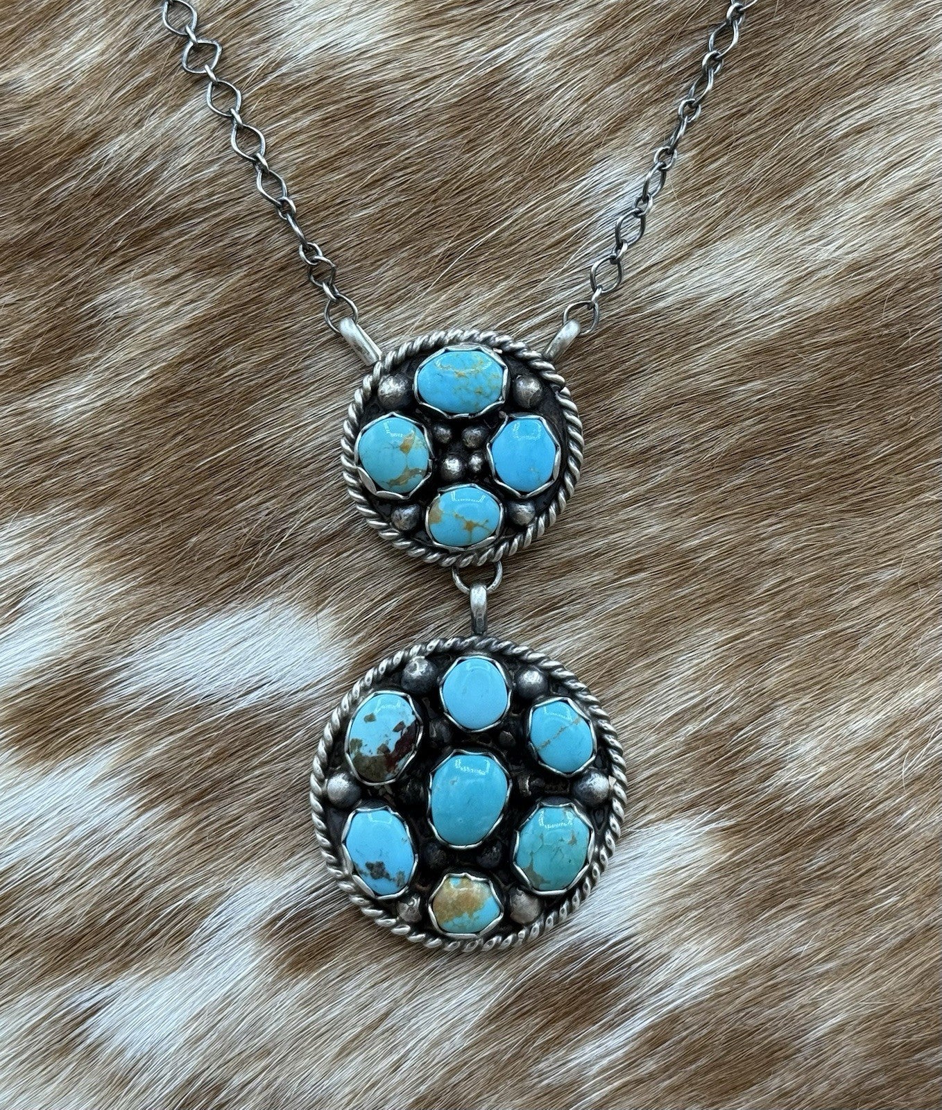 Navajo Handmade Sterling Silver Kingman Turquoise Cluster Bar Necklace 18”