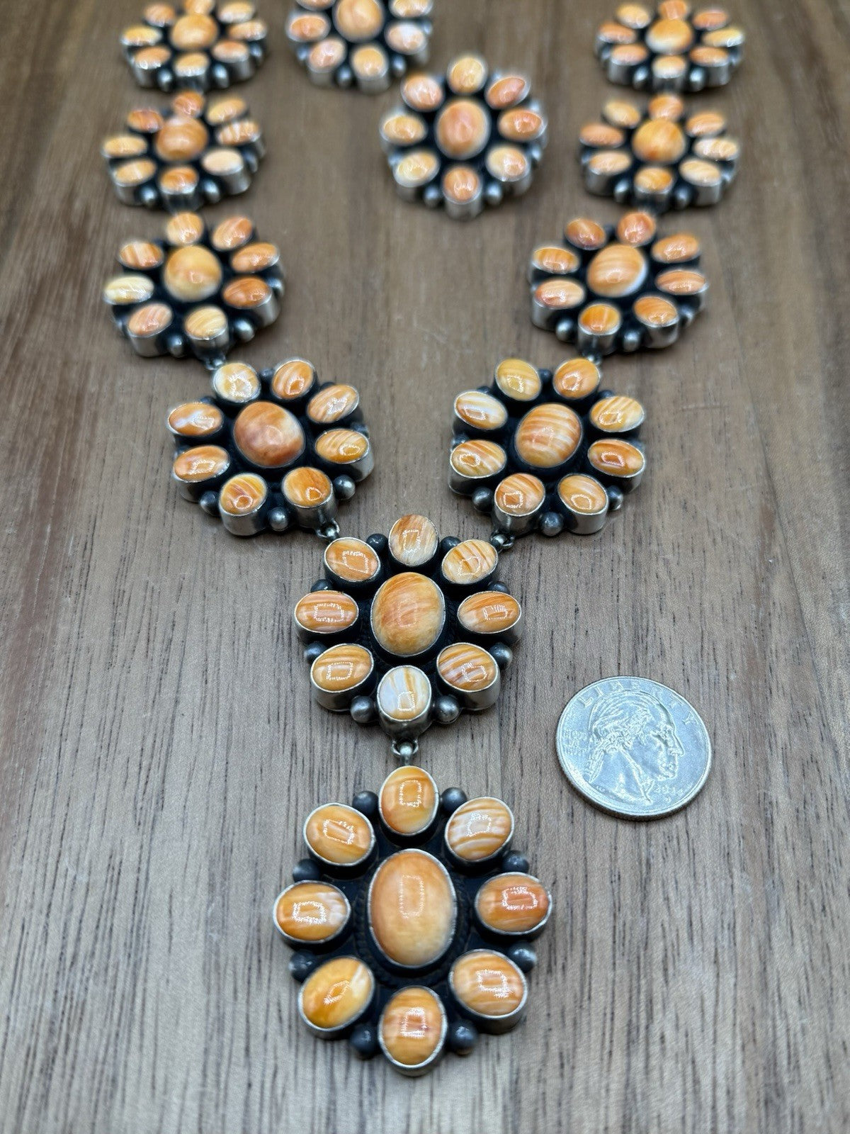 Navajo Handmade Silver Orange Spiny Oyster Cluster Lariat Dangle Necklace 24”