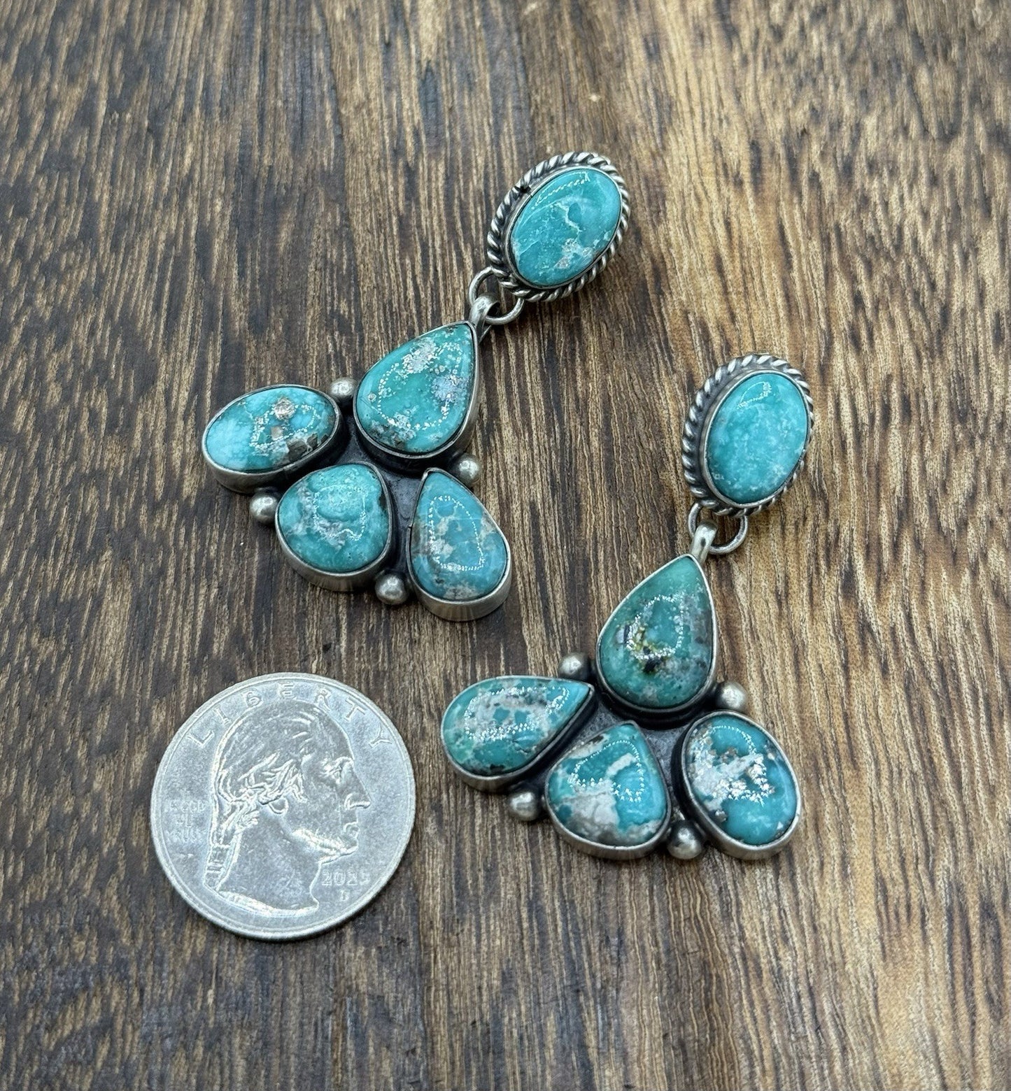 Navajo Handmade Sterling Silver Blue Bird Turquoise Cluster Post Dangle Earrings
