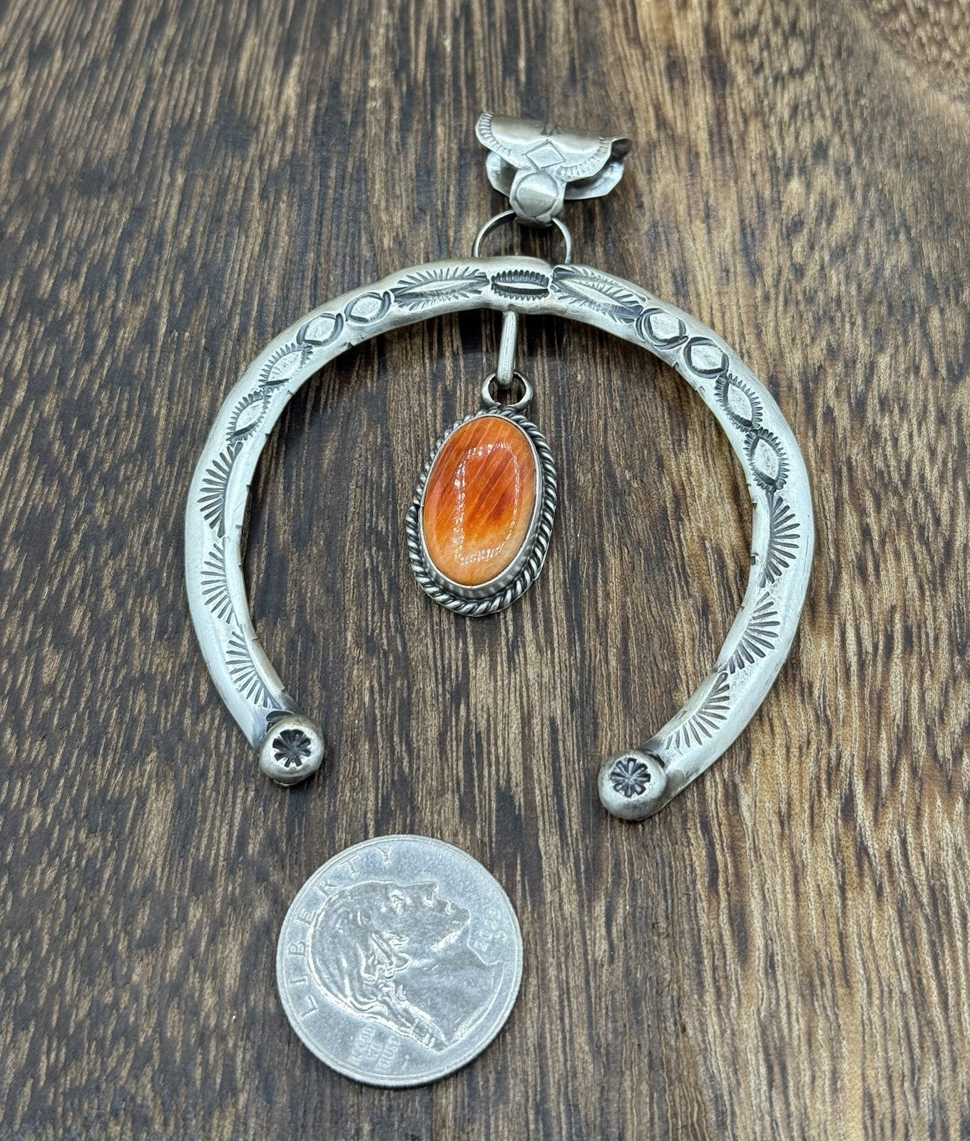 Navajo Handmade Sterling Silver Stamped Red Spiny Oyster Shell Naja Pendant