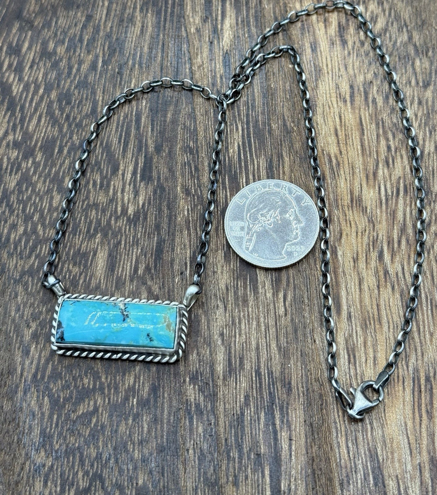 Native Navajo Handmade Sterling Silver Kingman Turquoise Bar Necklace 18”