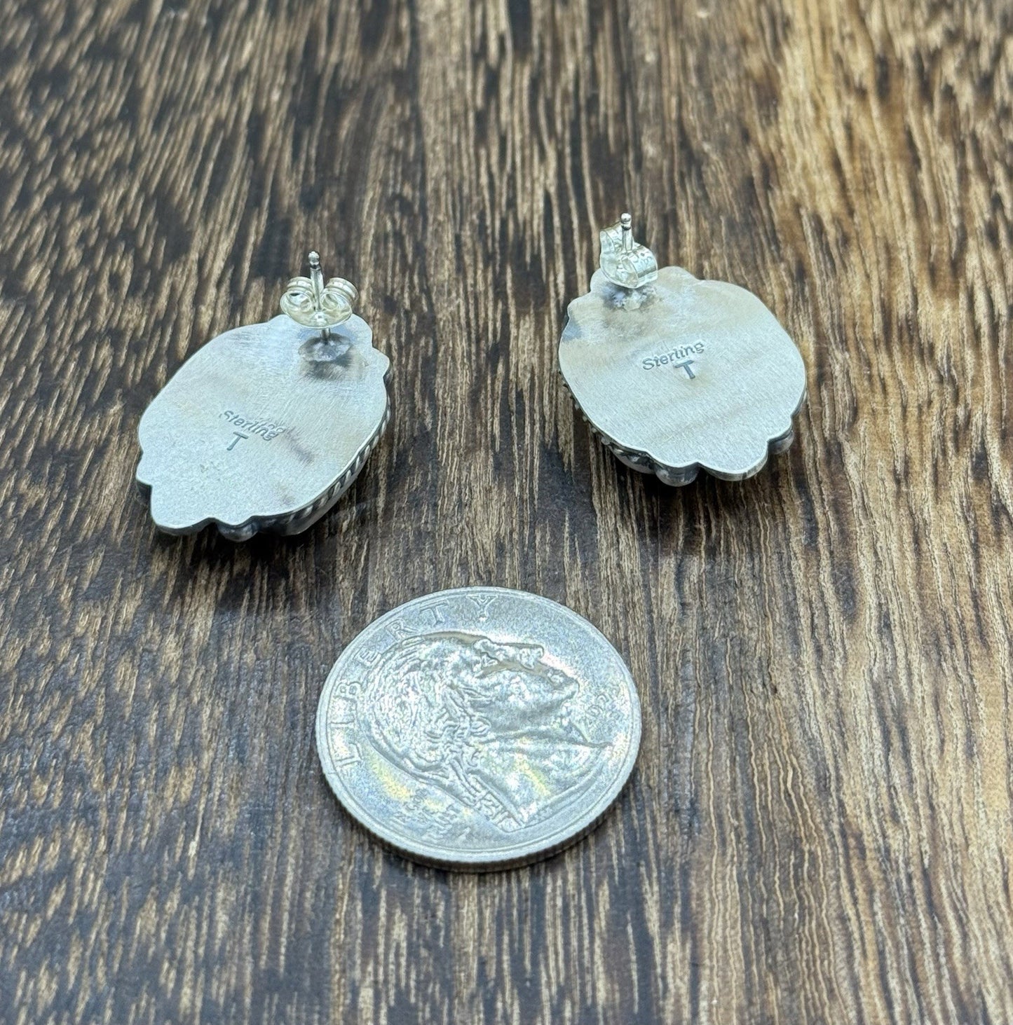 Navajo Handmade Sterling Silver Blackjack Turquoise Old Look Post Stud Earrings