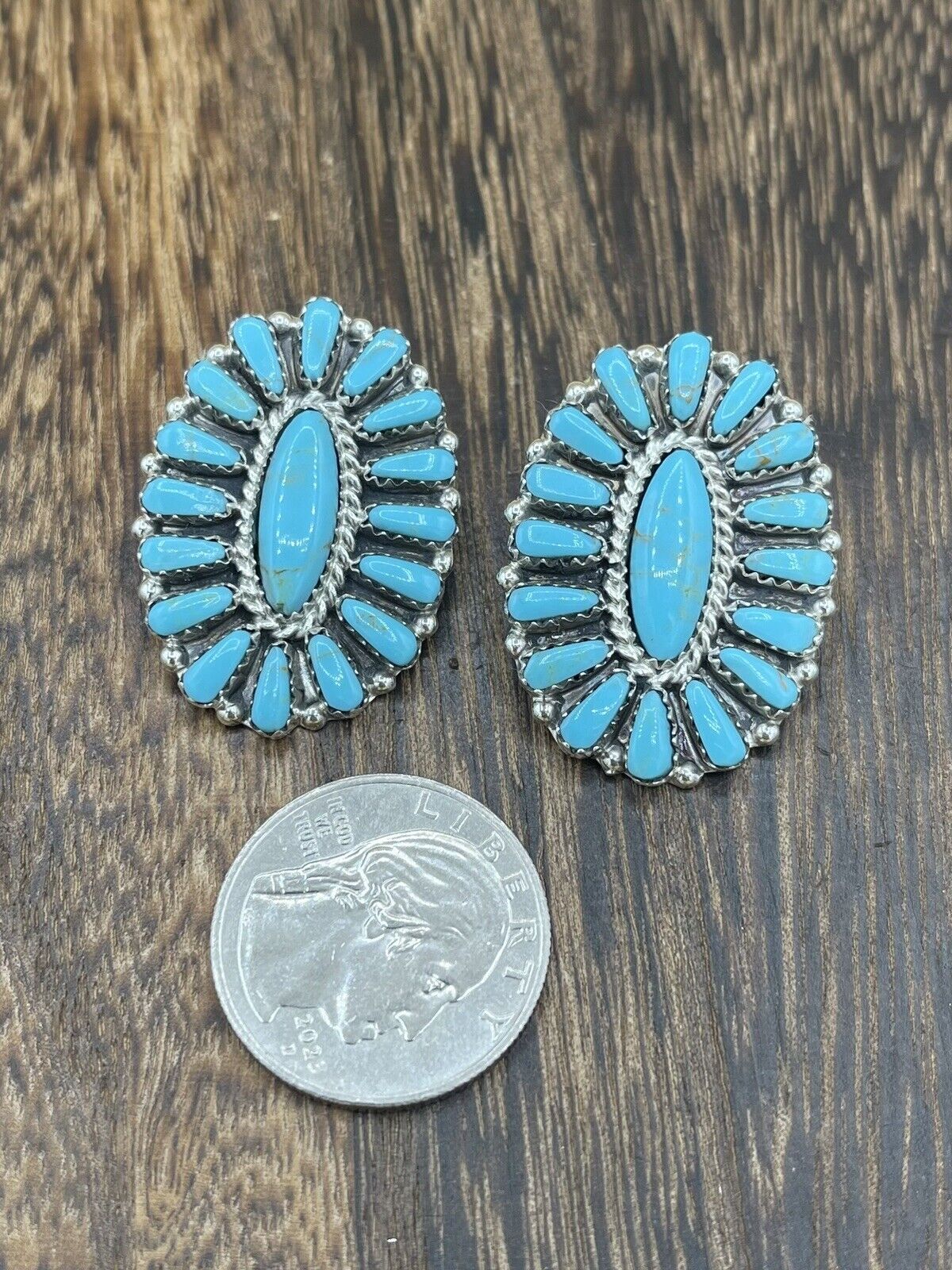 Native American Navajo Handmade Sterling Silver Turquoise Cluster Stud Earrings