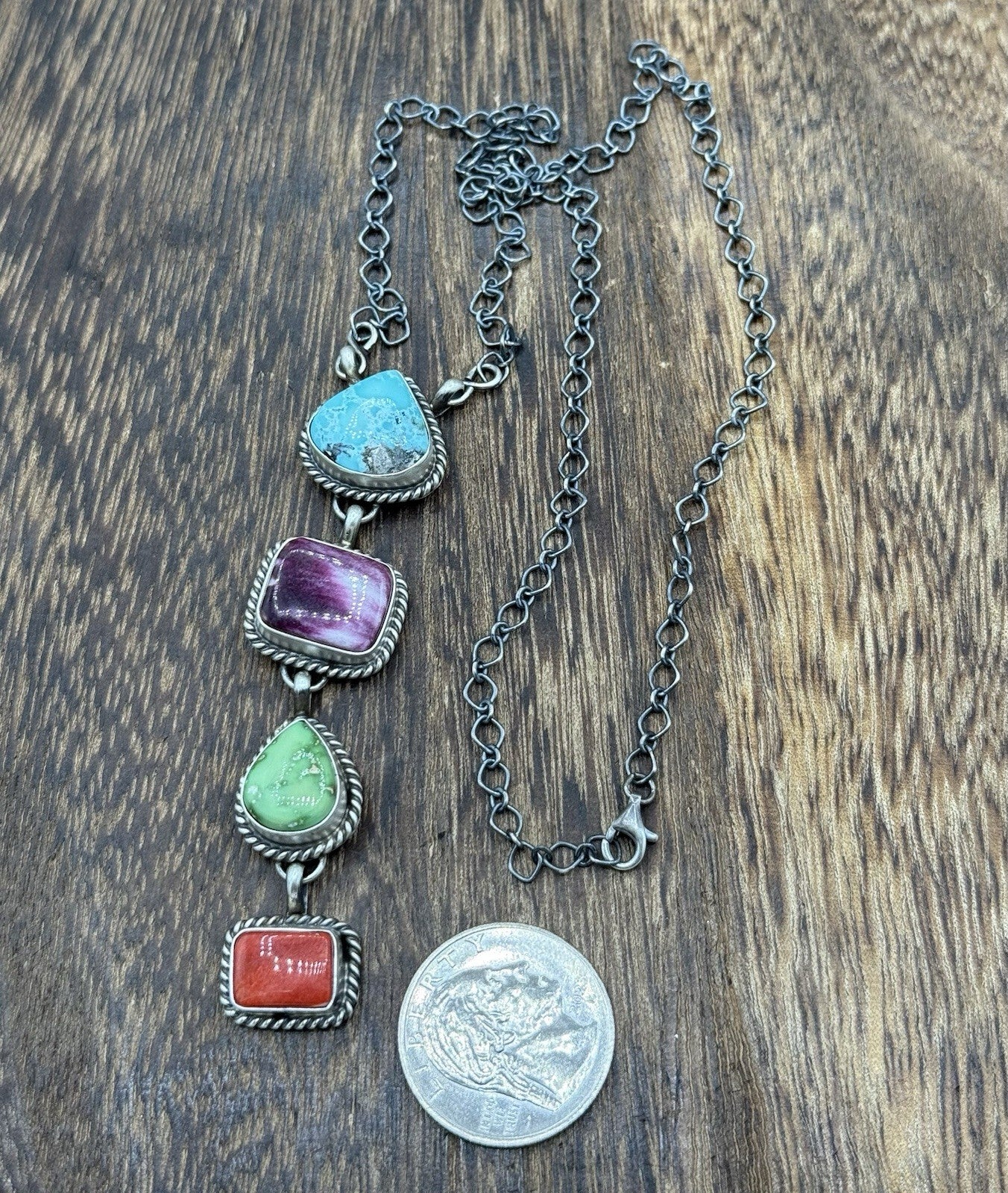 Navajo Handmade Sterling Silver Multi Color Mixed Stone Lariat Necklace 18”