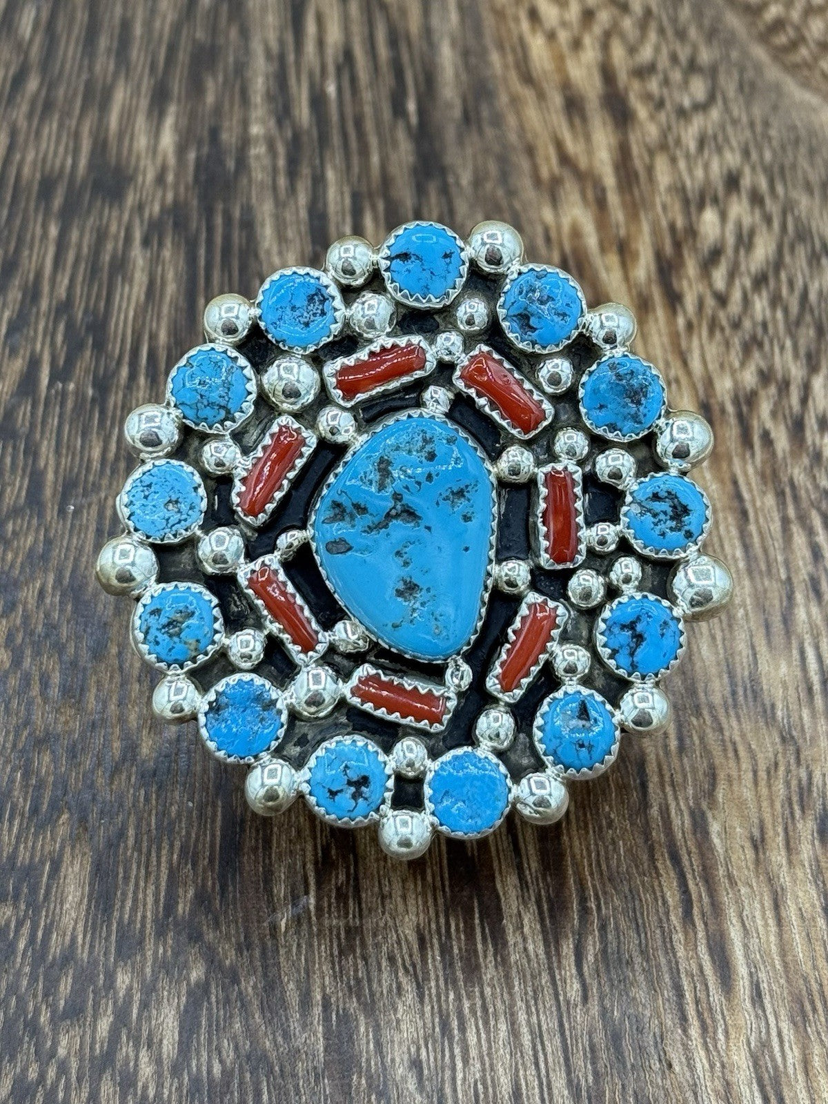 Navajo Handmade Sterling Silver Sleeping Beauty Turquoise & Coral Adjustable 6-9