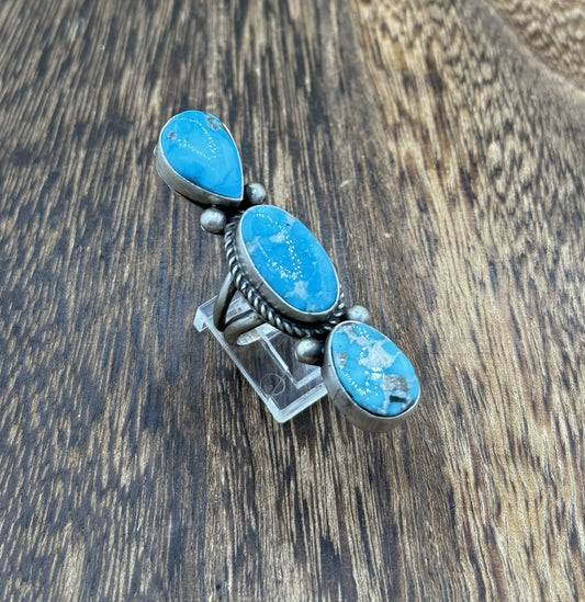 Navajo Handmade Sterling Silver Blue Bird Turquoise Cluster Ring Size 7