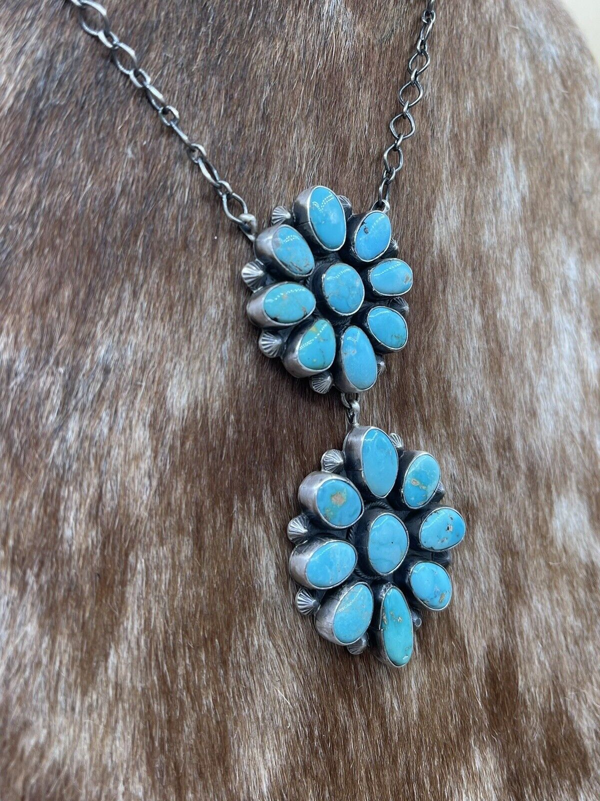 Native American Navajo Handmade Silver Kingman Turquoise Double Cluster Necklace